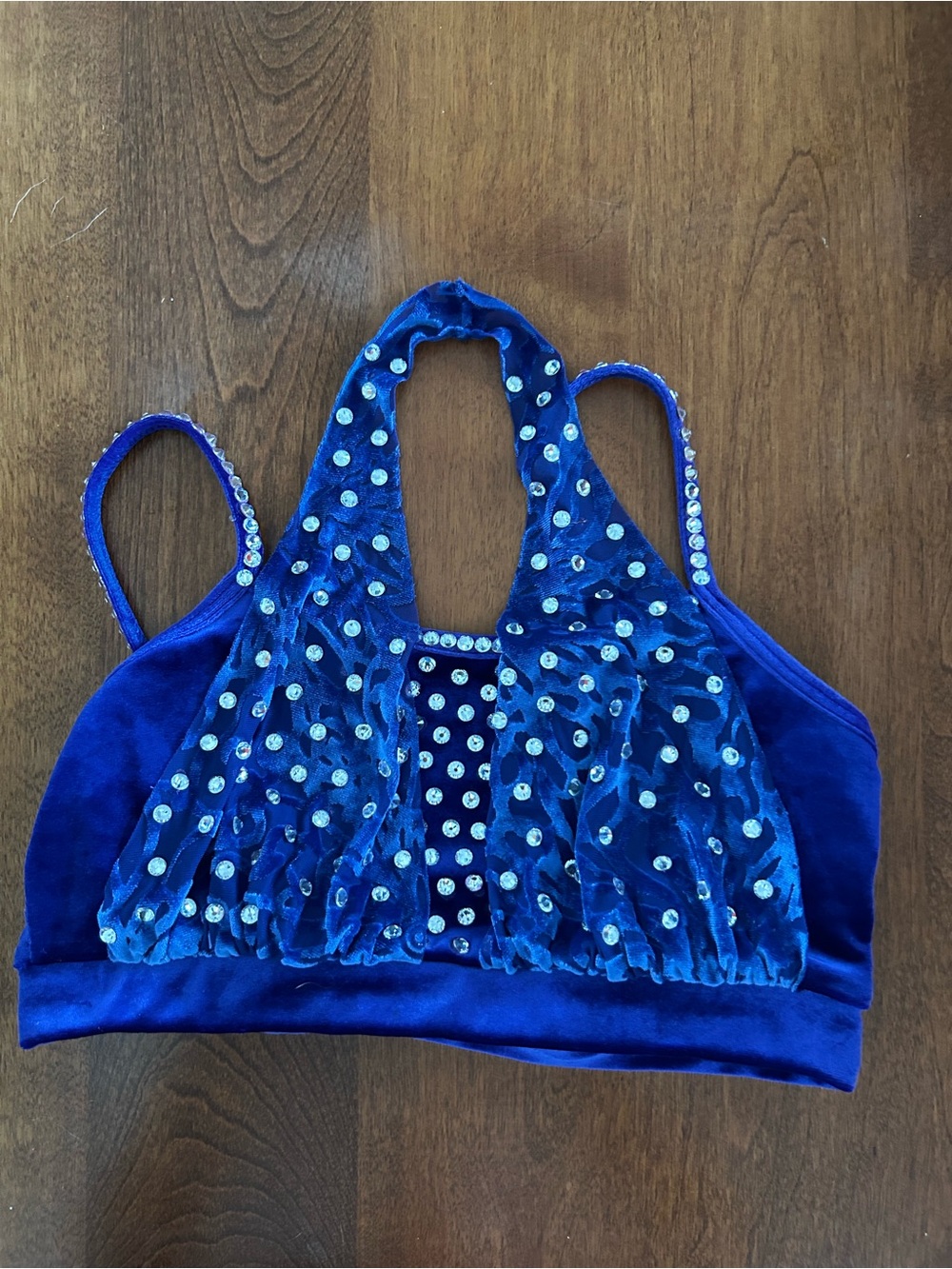Blue Embellished Velvet Halter Crop Top. Size child large